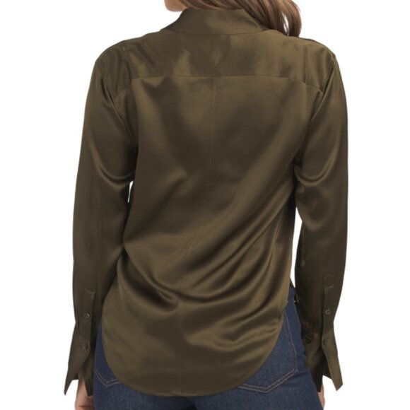 FRAME Silk Blend Standard Button Down Shirt Military - Picture 2 of 2